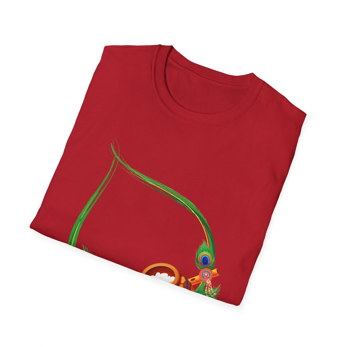 Krishna Flute and Pot Unisex Softstyle T-Shirt - Peacock Feather Design, Men's Women's Tee, Indian God Art Clothing, Yoga Apparel, Ethnic - Ira World Art LLC