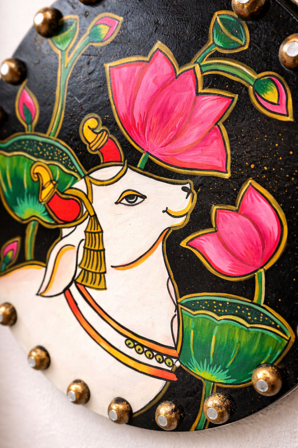 Handmade Pichwai Cow Painting & Kamdhenu Lotus Wooden, Spiritual Indian Wall Decor - Ira World Art LLC