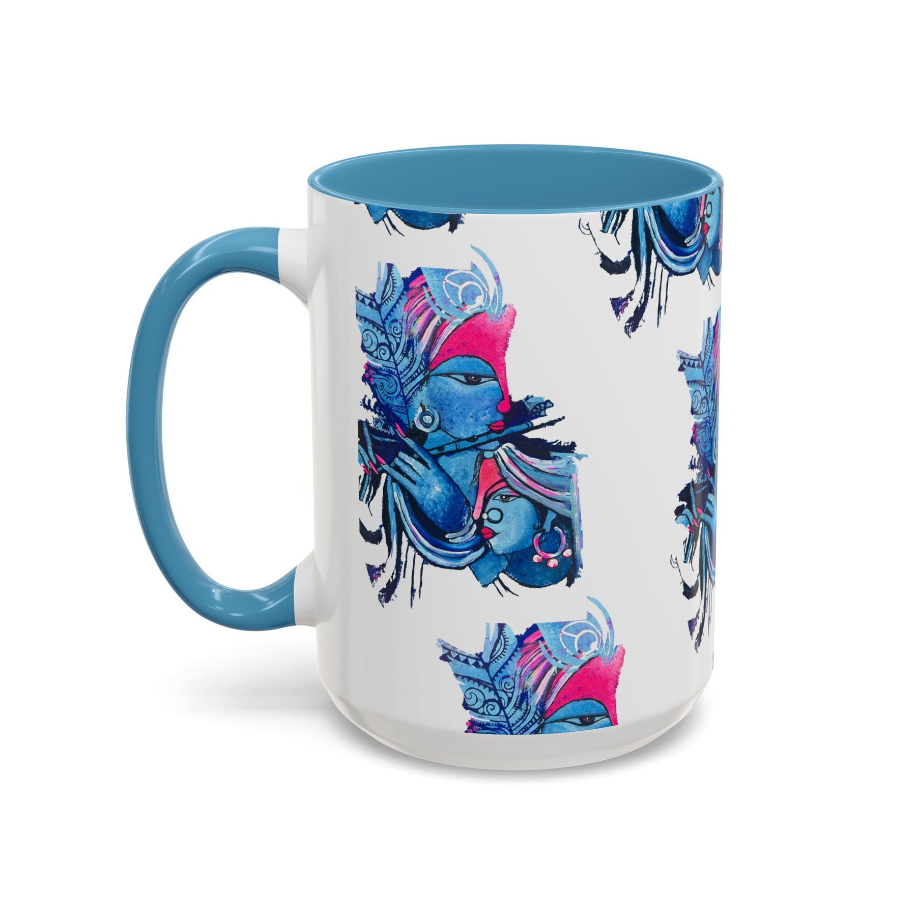 Vibrant Blue Ceramic Coffee Mug with Artistic Hindu Design, 11oz & 15oz - Ira World Art LLC