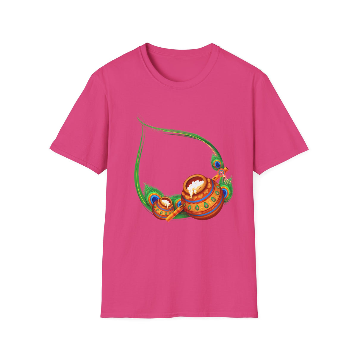 Krishna Flute and Pot Unisex Softstyle T-Shirt - Peacock Feather Design, Men's Women's Tee, Indian God Art Clothing, Yoga Apparel, Ethnic - Ira World Art LLC