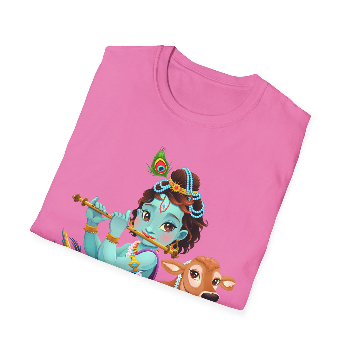 Krishna with Cow Unisex Softstyle T-Shirt, Hindu God Tee, Spiritual Apparel, Religious Graphic Shirt, Indian Mythology Top - Ira World Art LLC