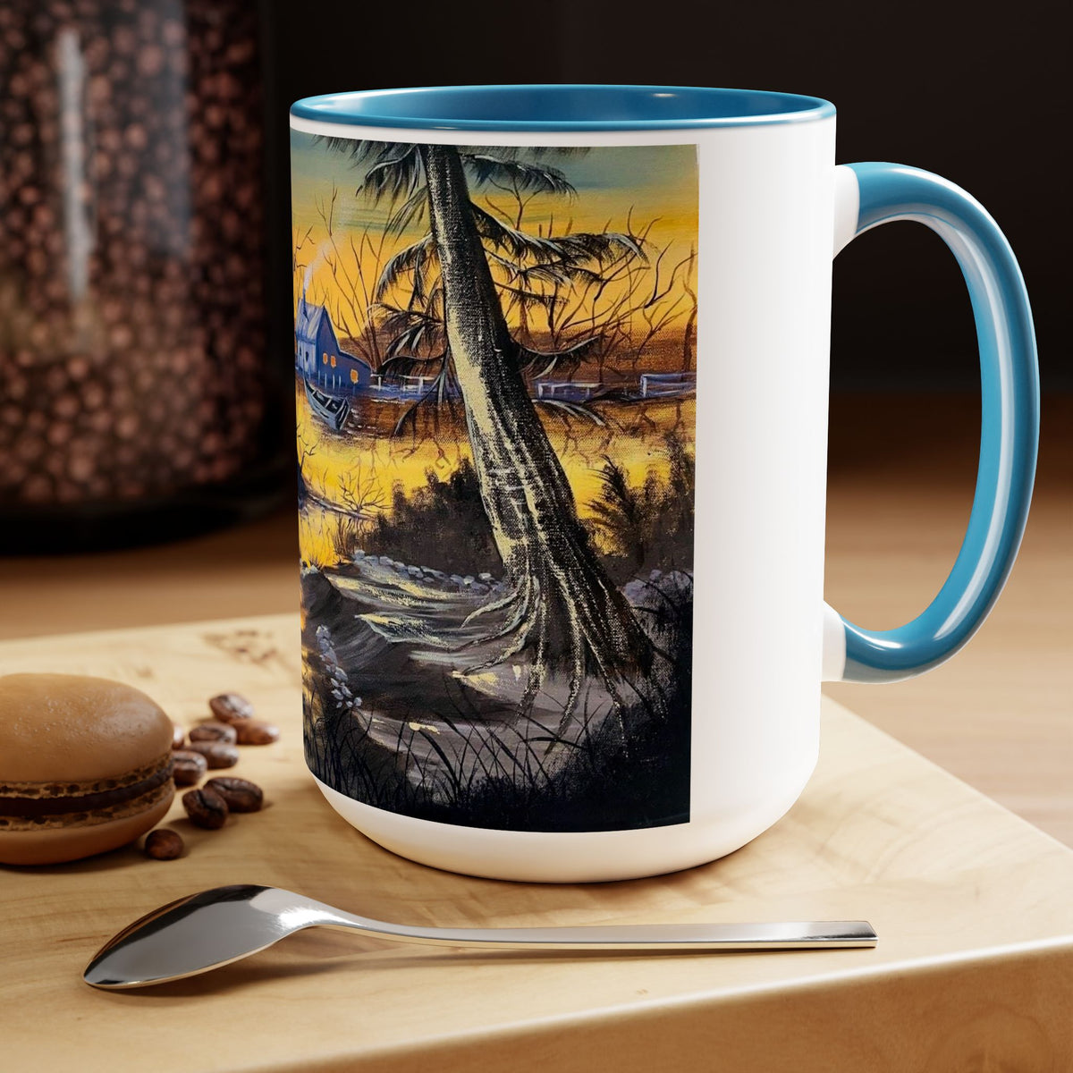 Unique 15oz Ceramic Coffee Mug with Two-Tone Colorful Design, Artistic Yoga Mug - Ira World Art LLC