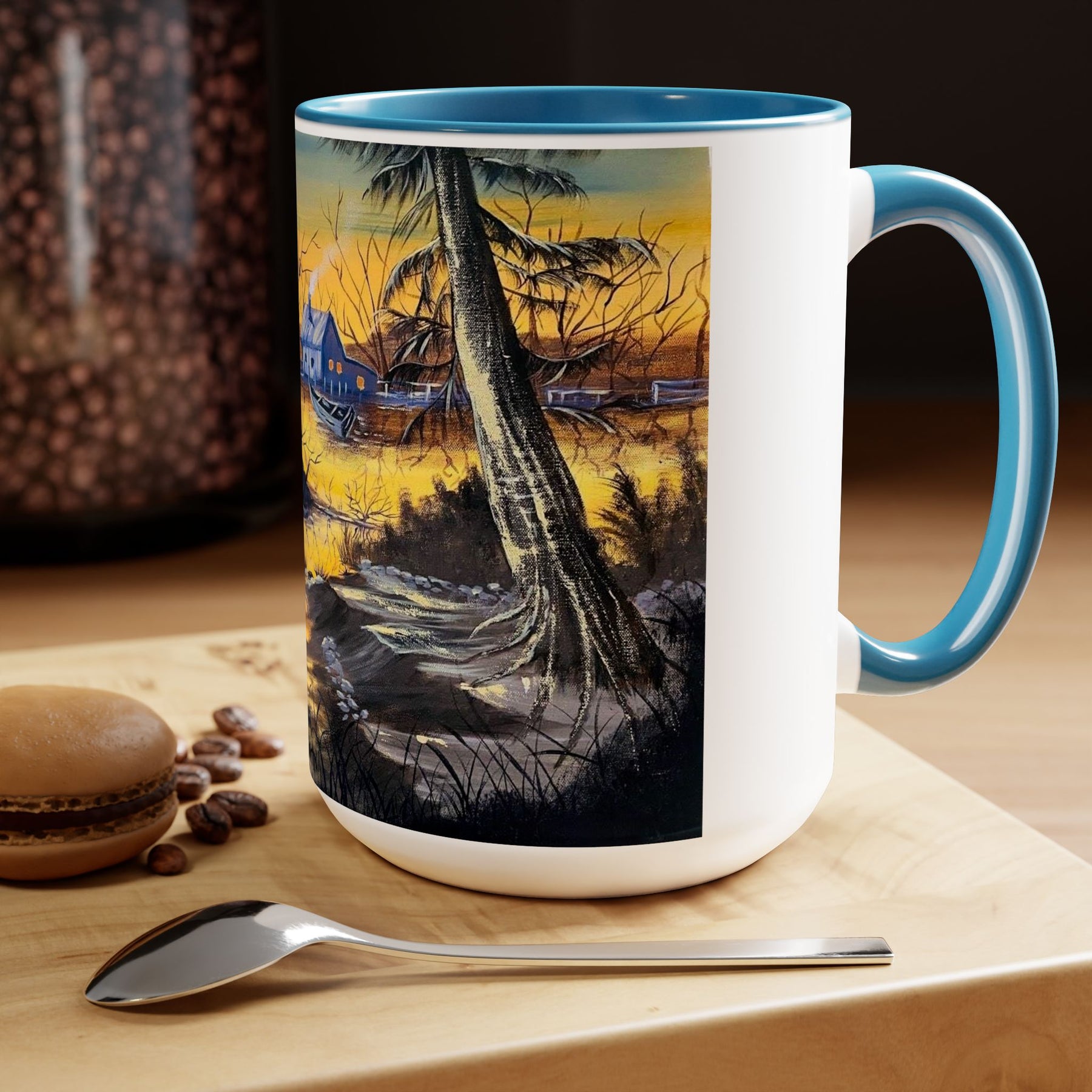 Unique 15oz Ceramic Coffee Mug with Two-Tone Colorful Design, Artistic Yoga Mug - Ira World Art LLC