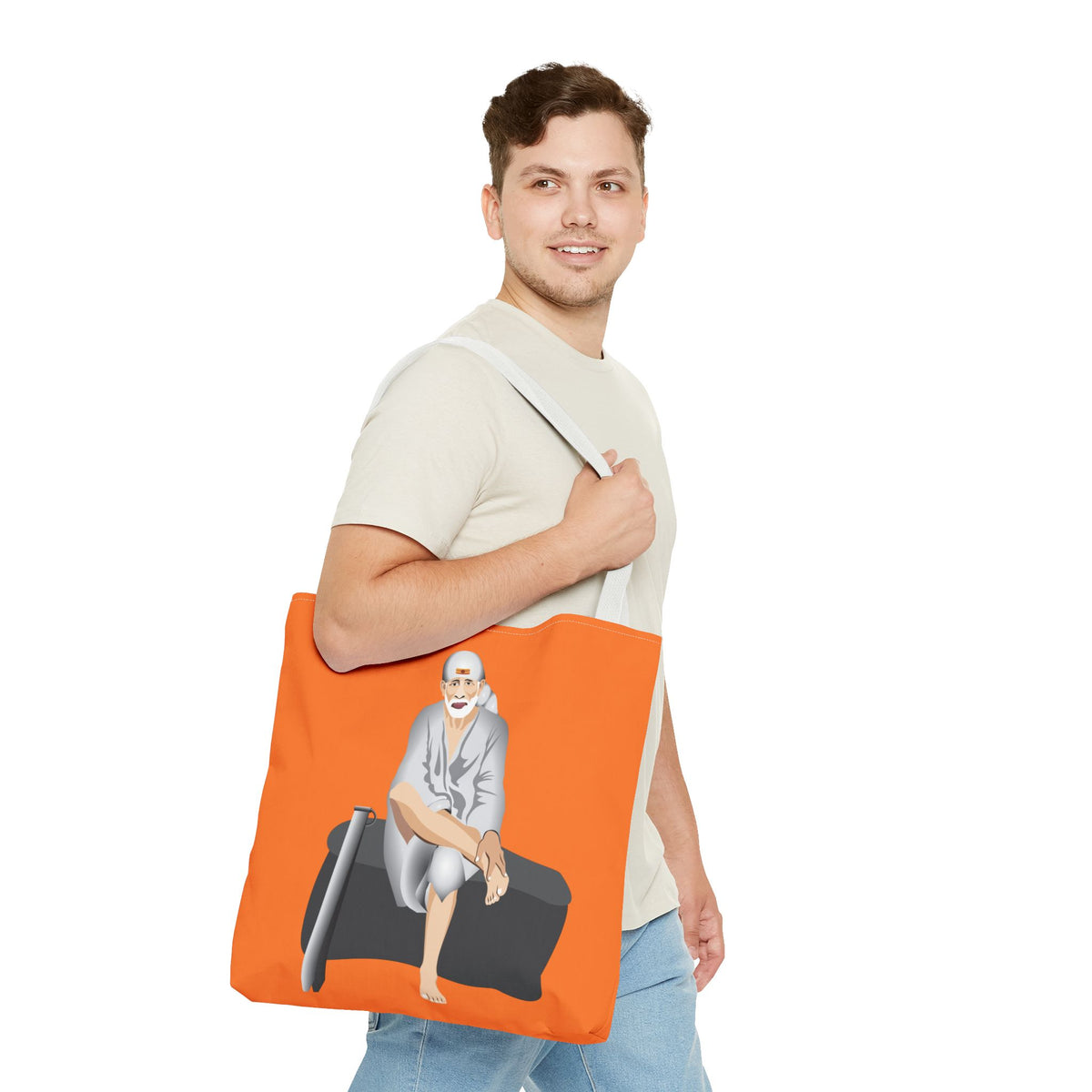 Sai Baba Tote Bag, Religious Shopper Bag, Guru Printed Carryall, Spiritual Shoulder Tote, Holy Canvas Handbag, Indian Deity Market Tote, - Ira World Art LLC