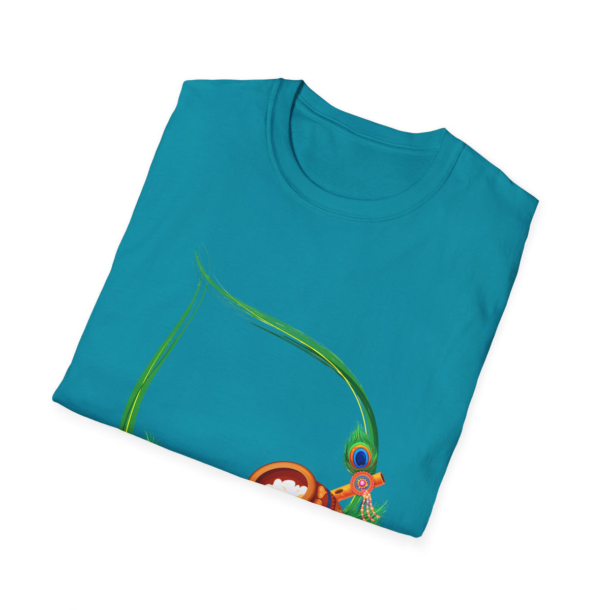 Krishna Flute and Pot Unisex Softstyle T-Shirt - Peacock Feather Design, Men's Women's Tee, Indian God Art Clothing, Yoga Apparel, Ethnic - Ira World Art LLC