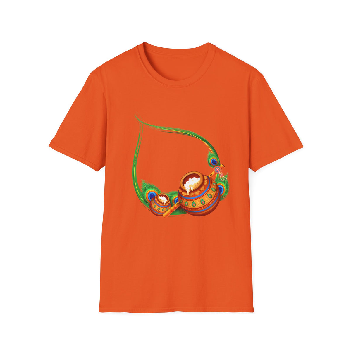 Krishna Flute and Pot Unisex Softstyle T-Shirt - Peacock Feather Design, Men's Women's Tee, Indian God Art Clothing, Yoga Apparel, Ethnic - Ira World Art LLC