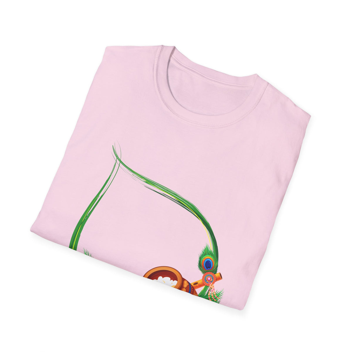 Krishna Flute and Pot Unisex Softstyle T-Shirt - Peacock Feather Design, Men's Women's Tee, Indian God Art Clothing, Yoga Apparel, Ethnic - Ira World Art LLC