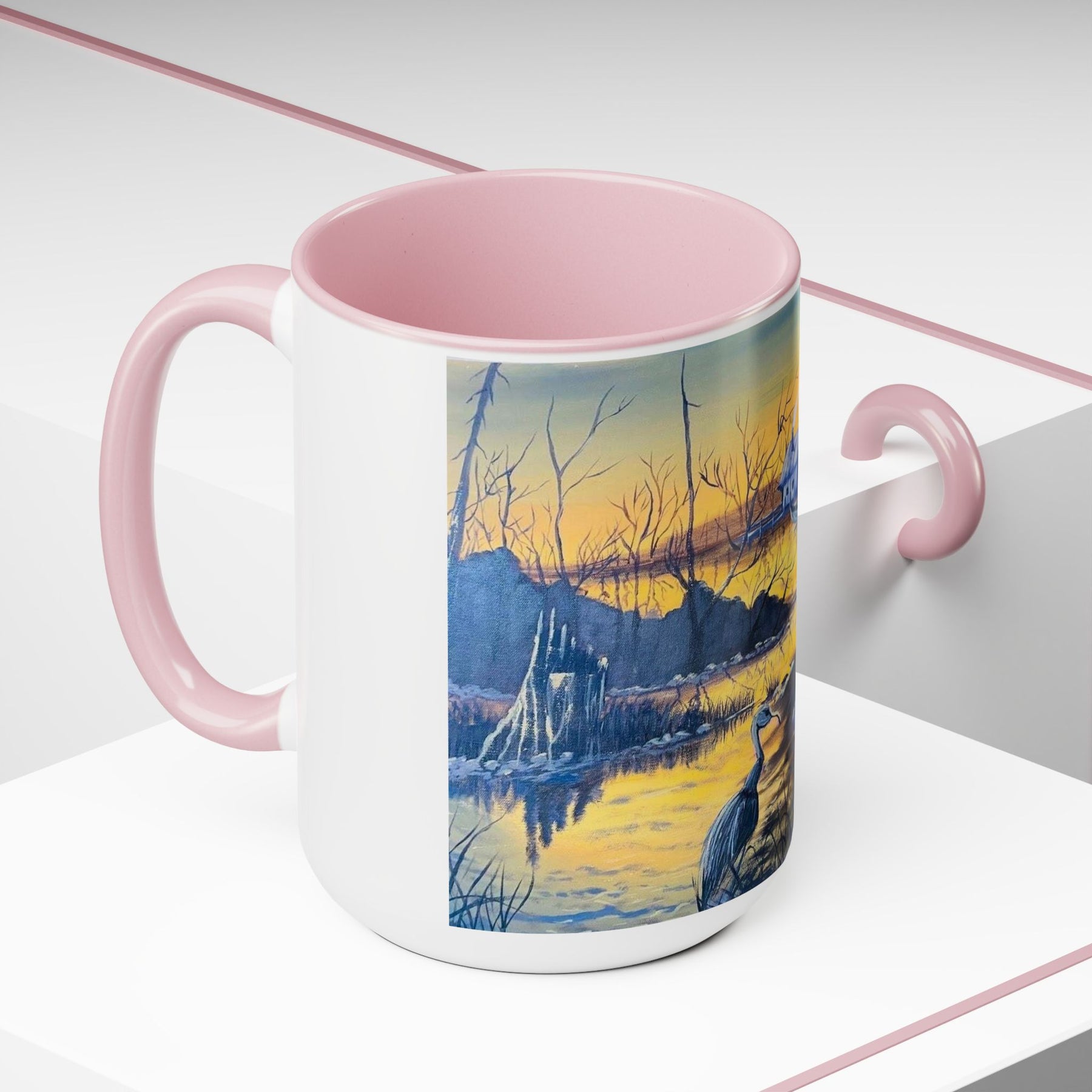 Unique 15oz Ceramic Coffee Mug with Two-Tone Colorful Design, Artistic Yoga Mug - Ira World Art LLC