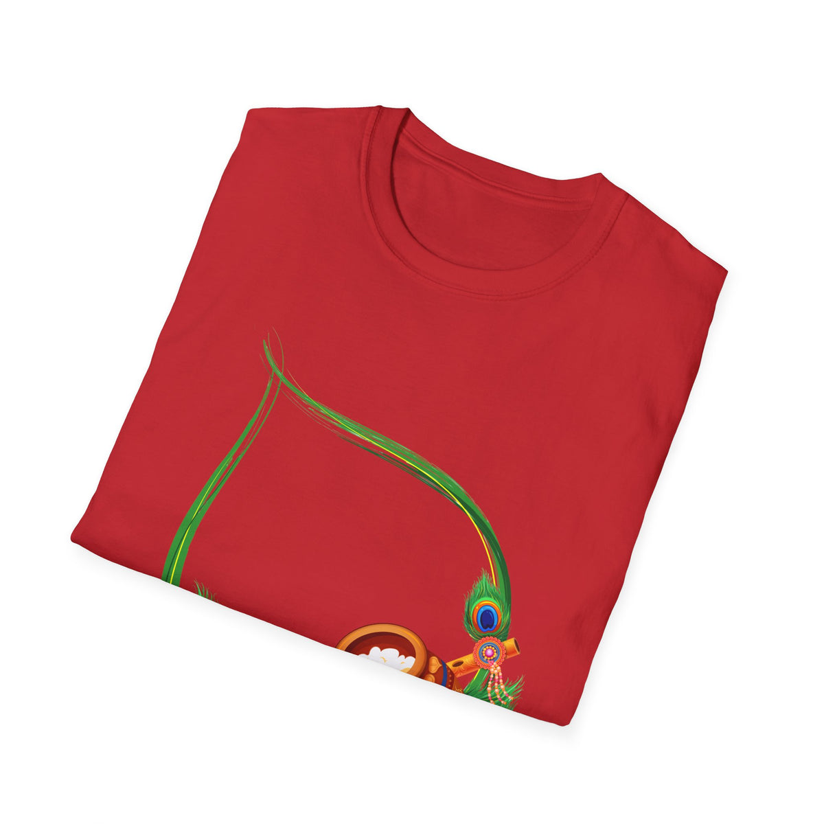 Krishna Flute and Pot Unisex Softstyle T-Shirt - Peacock Feather Design, Men's Women's Tee, Indian God Art Clothing, Yoga Apparel, Ethnic - Ira World Art LLC