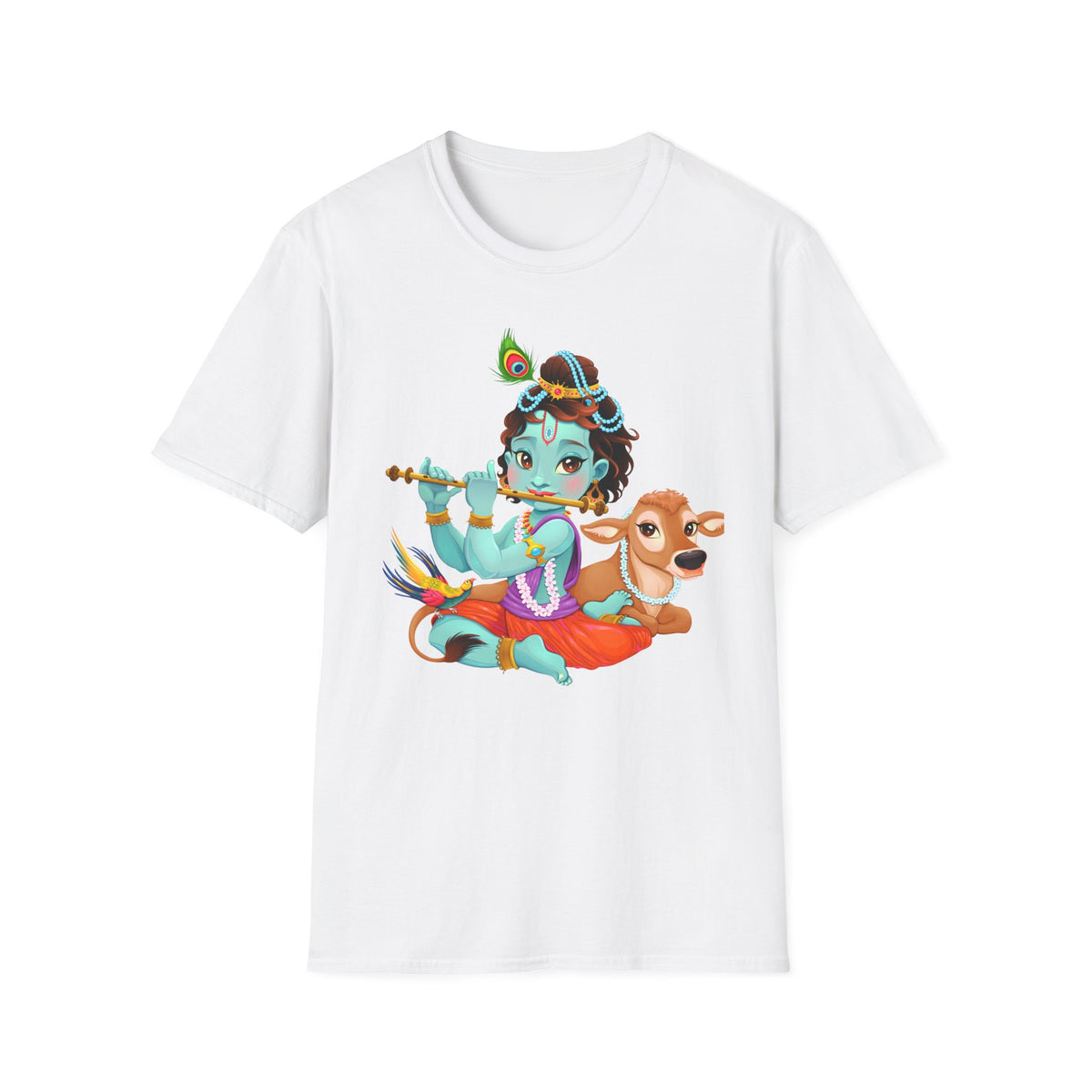 Krishna with Cow Unisex Softstyle T-Shirt, Hindu God Tee, Spiritual Apparel, Religious Graphic Shirt, Indian Mythology Top - Ira World Art LLC
