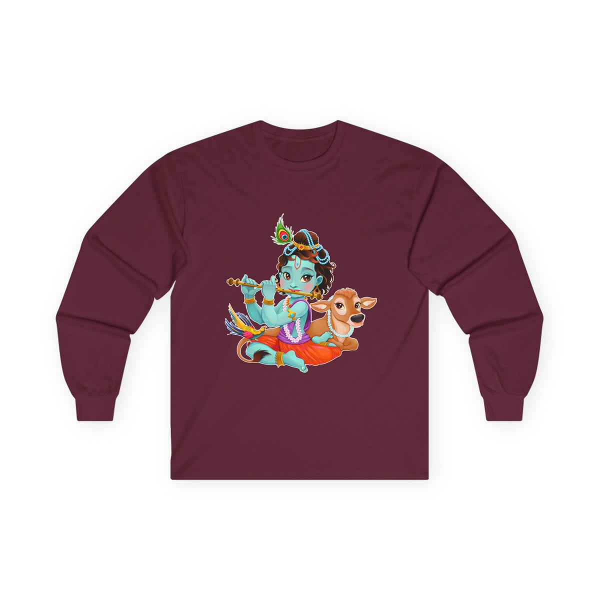 Krishna with Cow Full Sleeves Tshirt, Unisex Cotton Shirt, Long Sleeve Tee, Religious Gift, Hindu Deity Top, Cow Lover Apparel - Ira World Art LLC