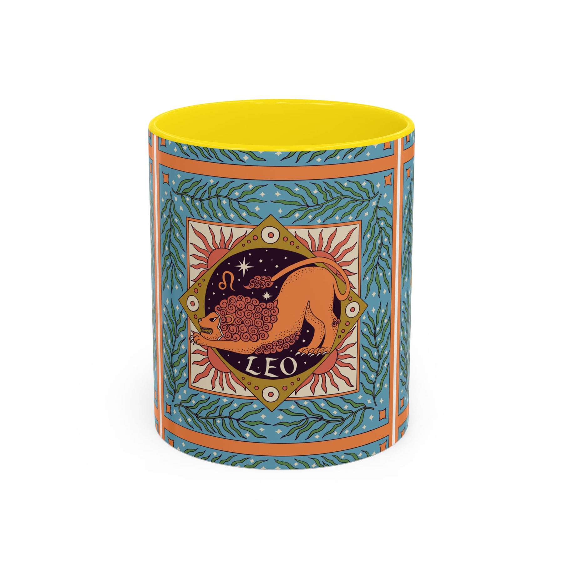 Vibrant Leo Zodiac Coffee Mug, Custom Ceramic 11oz & 15oz Colorful Design - Ira World Art LLC