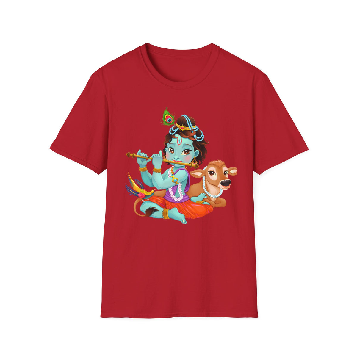 Krishna with Cow Unisex Softstyle T-Shirt, Hindu God Tee, Spiritual Apparel, Religious Graphic Shirt, Indian Mythology Top - Ira World Art LLC