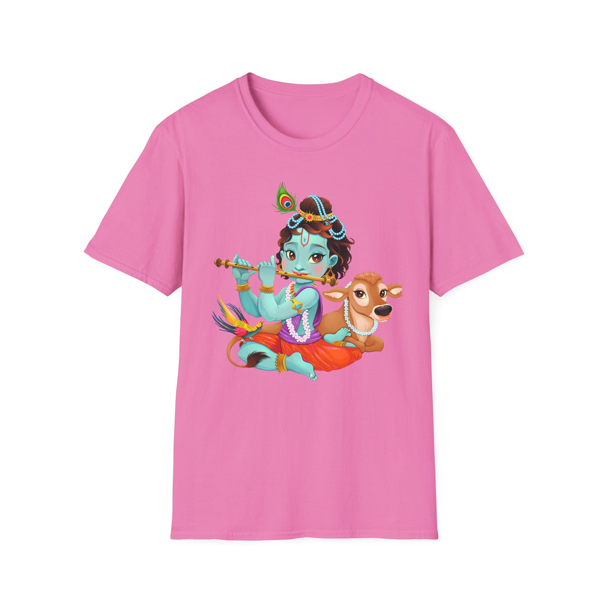 Krishna with Cow Unisex Softstyle T-Shirt, Hindu God Tee, Spiritual Apparel, Religious Graphic Shirt, Indian Mythology Top - Ira World Art LLC