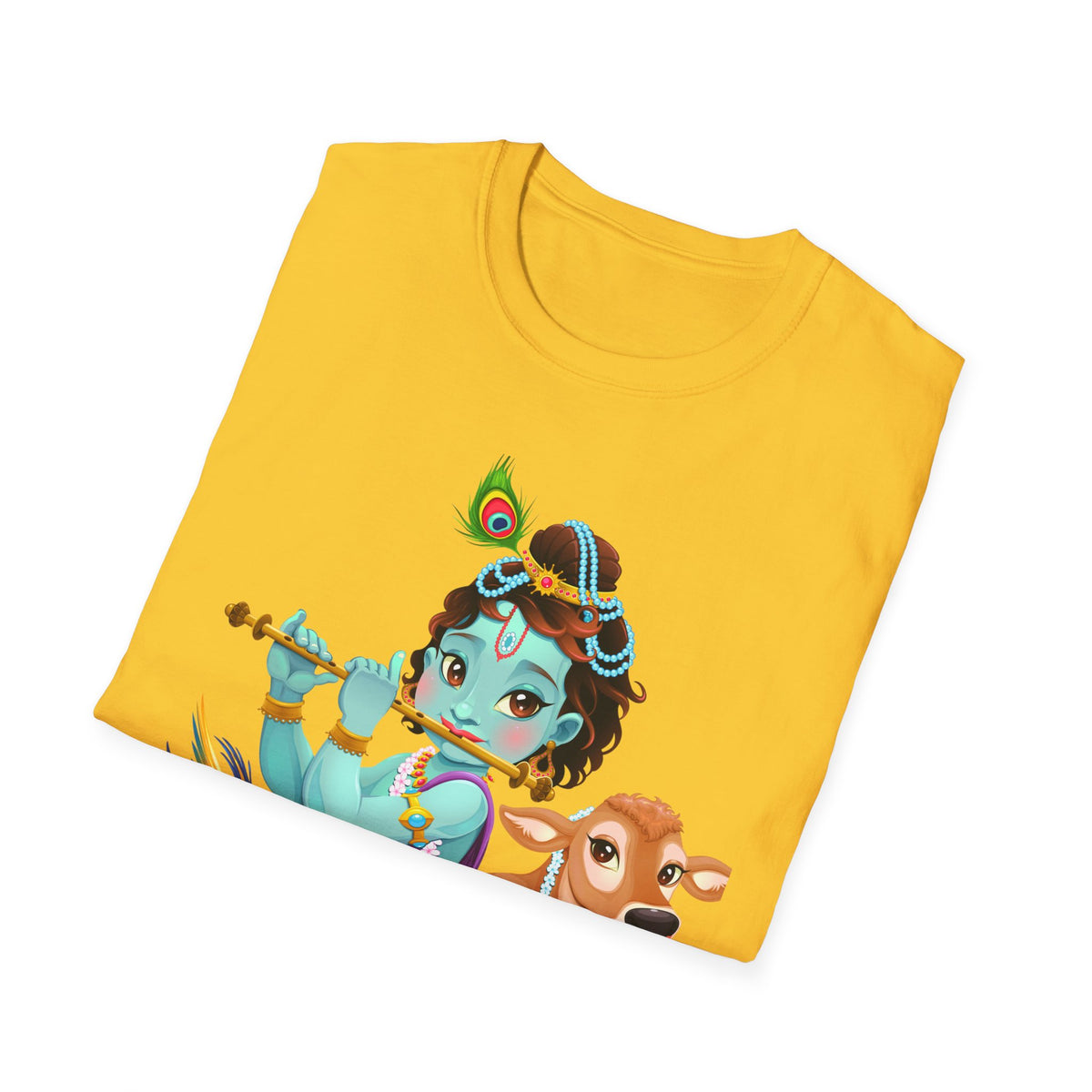 Krishna with Cow Unisex Softstyle T-Shirt, Hindu God Tee, Spiritual Apparel, Religious Graphic Shirt, Indian Mythology Top - Ira World Art LLC