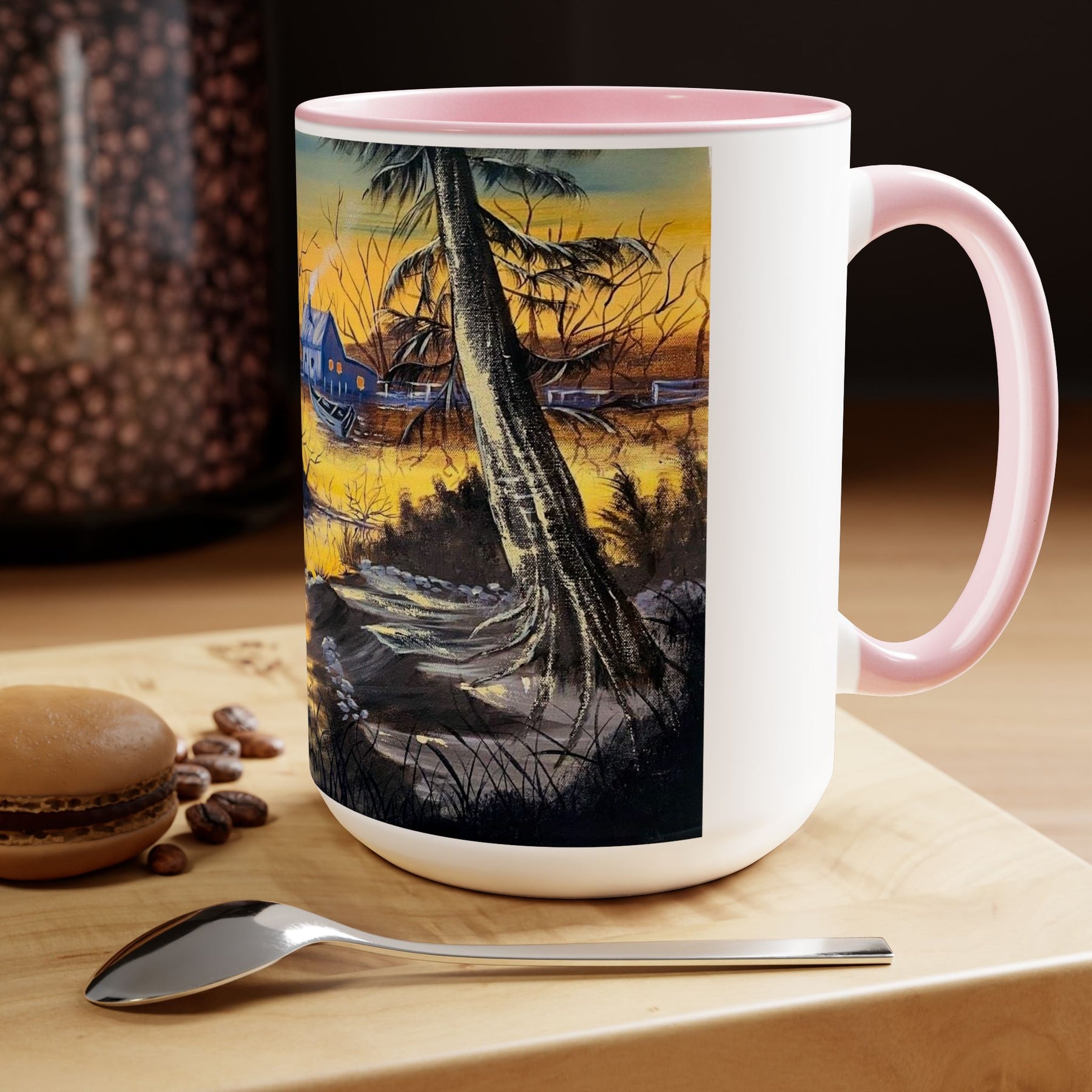 Unique 15oz Ceramic Coffee Mug with Two-Tone Colorful Design, Artistic Yoga Mug - Ira World Art LLC