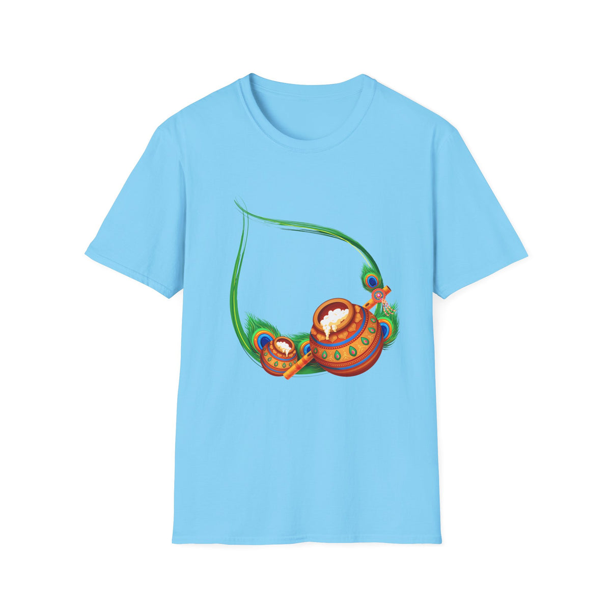 Krishna Flute and Pot Unisex Softstyle T-Shirt - Peacock Feather Design, Men's Women's Tee, Indian God Art Clothing, Yoga Apparel, Ethnic - Ira World Art LLC