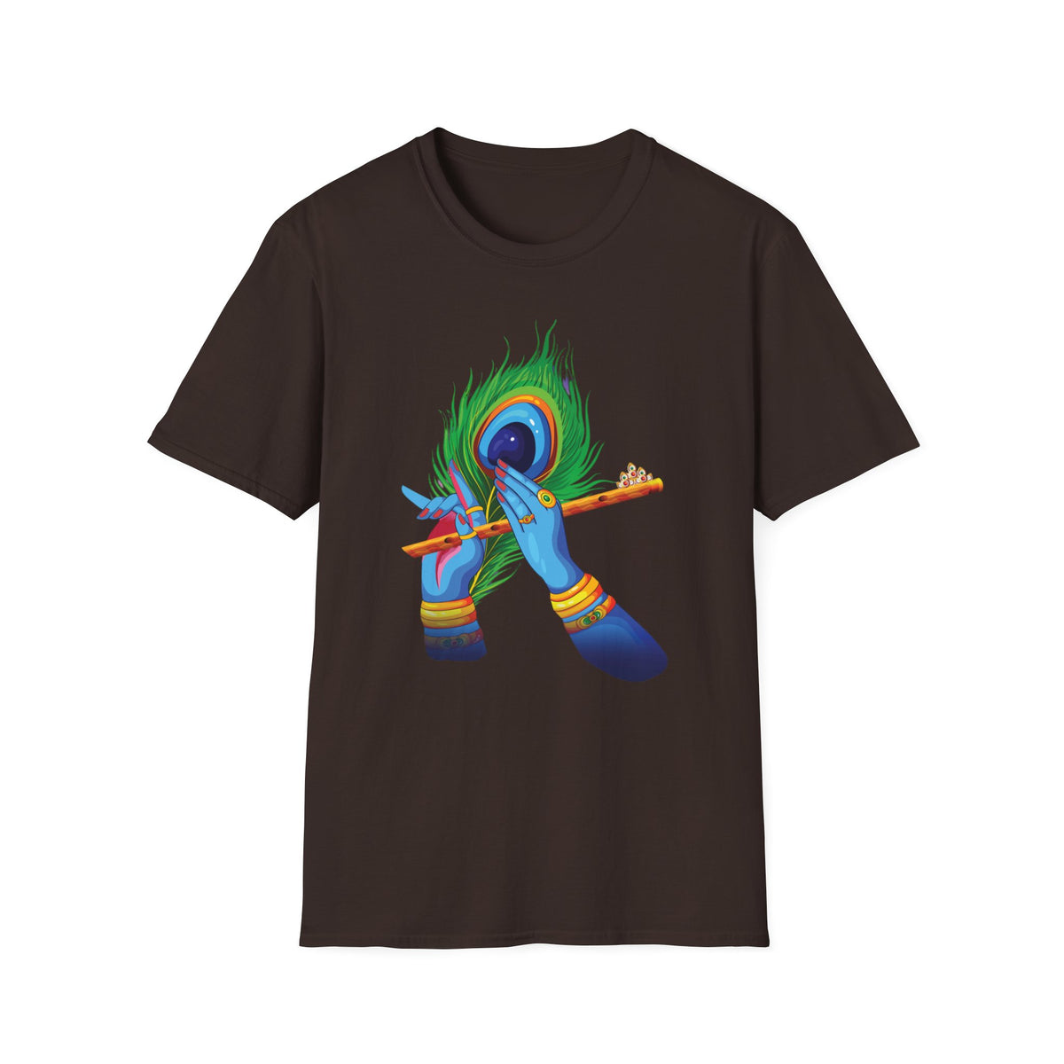 Krishan Hand with Flute and Feather Unisex Softstyle T-Shirt, Indian God Shirt, Spiritual Tee, Boho Clothing, Yoga Apparel - Ira World Art LLC