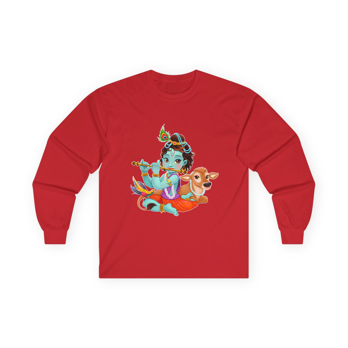 Krishna with Cow Full Sleeves Tshirt, Unisex Cotton Shirt, Long Sleeve Tee, Religious Gift, Hindu Deity Top, Cow Lover Apparel - Ira World Art LLC