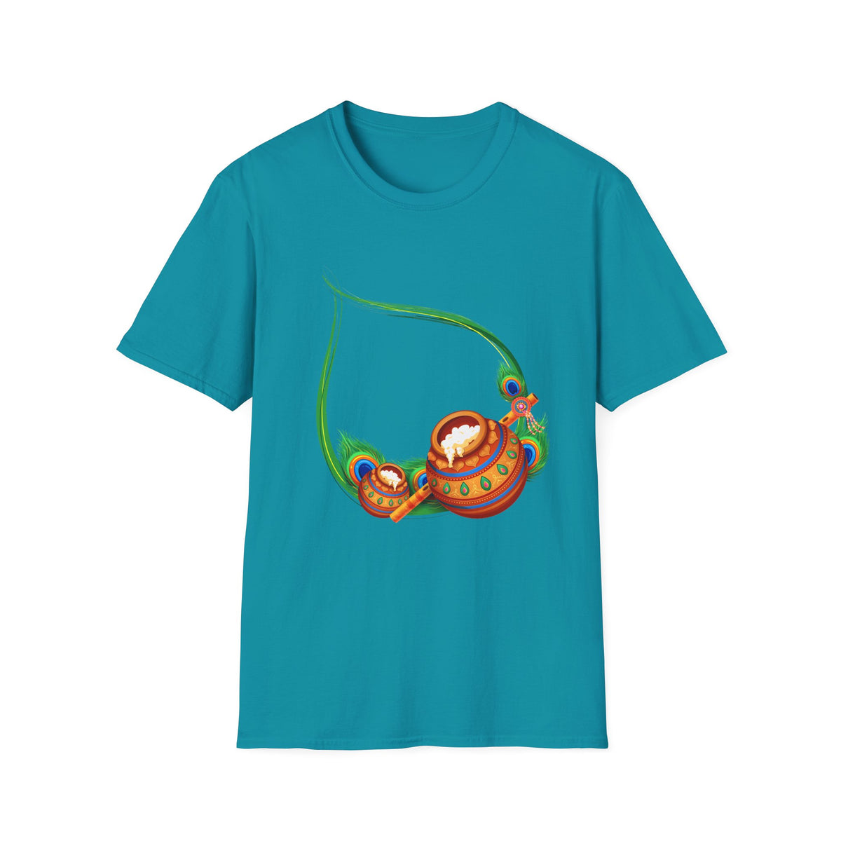 Krishna Flute and Pot Unisex Softstyle T-Shirt - Peacock Feather Design, Men's Women's Tee, Indian God Art Clothing, Yoga Apparel, Ethnic - Ira World Art LLC