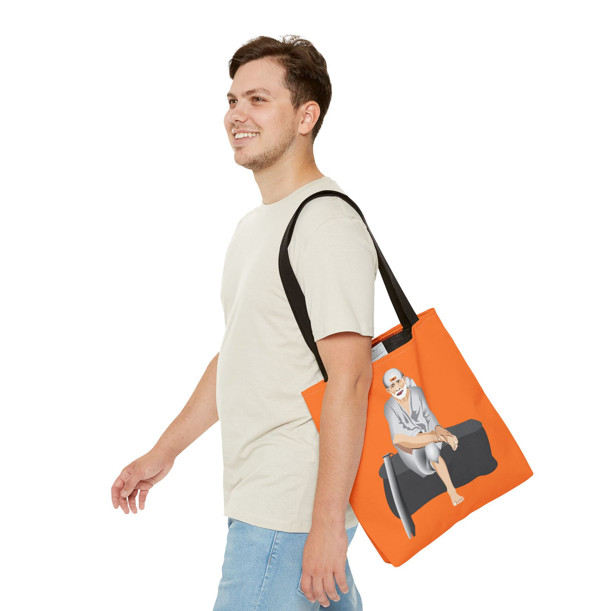 Sai Baba Tote Bag, Religious Shopper Bag, Guru Printed Carryall, Spiritual Shoulder Tote, Holy Canvas Handbag, Indian Deity Market Tote, - Ira World Art LLC