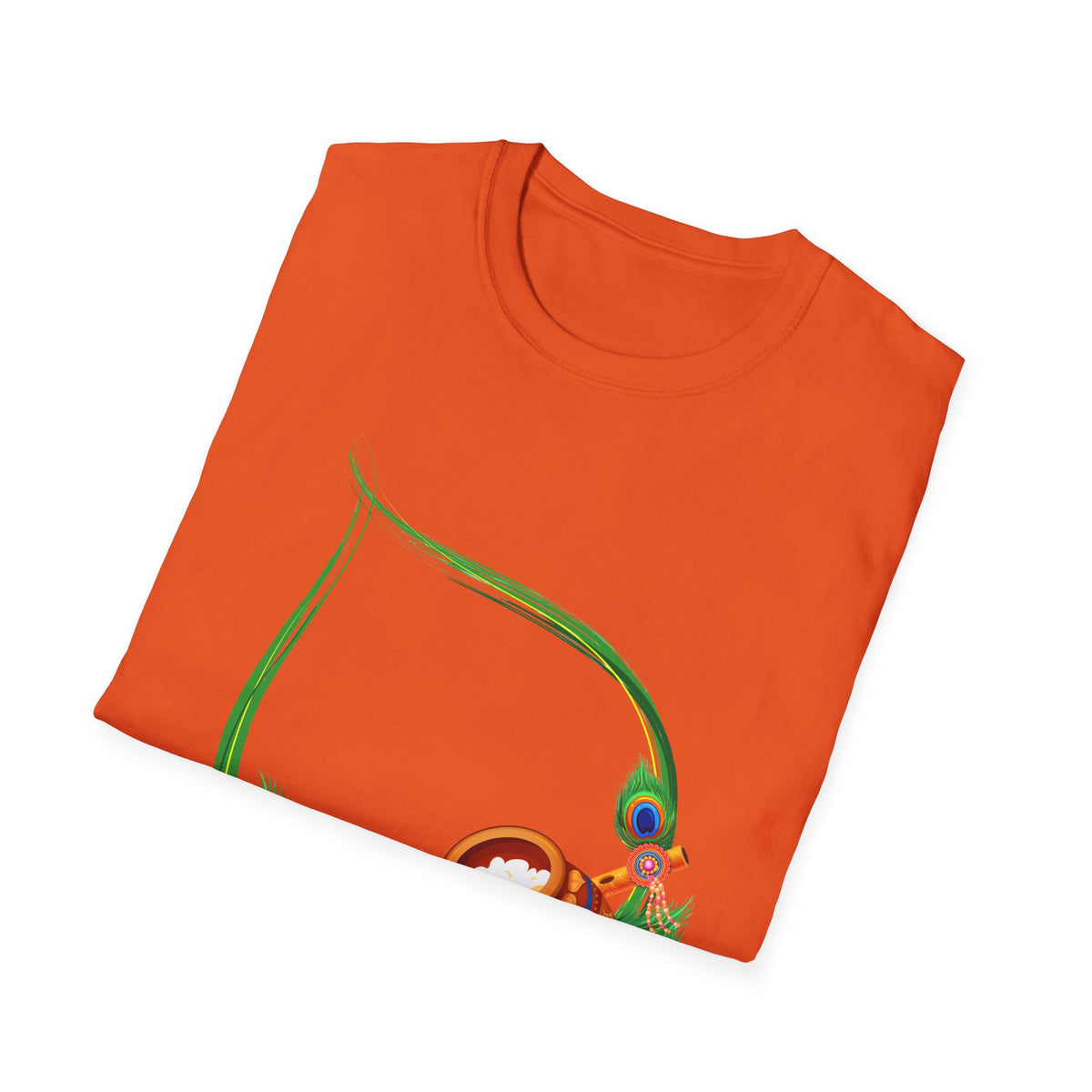 Krishna Flute and Pot Unisex Softstyle T-Shirt - Peacock Feather Design, Men's Women's Tee, Indian God Art Clothing, Yoga Apparel, Ethnic - Ira World Art LLC