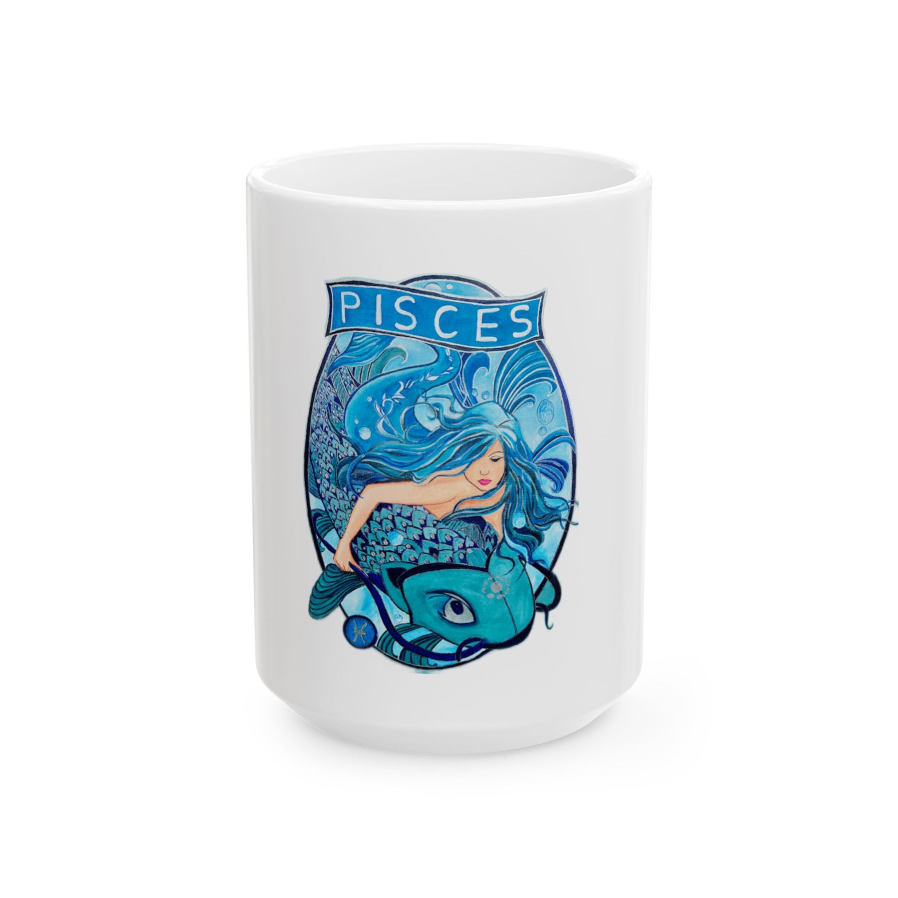 White 11oz Ceramic Zodiac Mug with Colorful Pisces Fish Design, Mermaid Coffee Mug - Ira World Art LLC