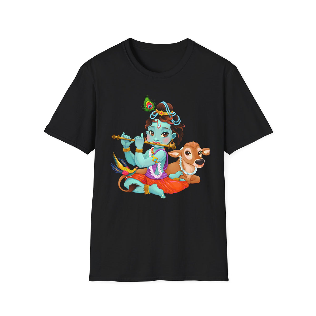 Krishna with Cow Unisex Softstyle T-Shirt, Hindu God Tee, Spiritual Apparel, Religious Graphic Shirt, Indian Mythology Top - Ira World Art LLC