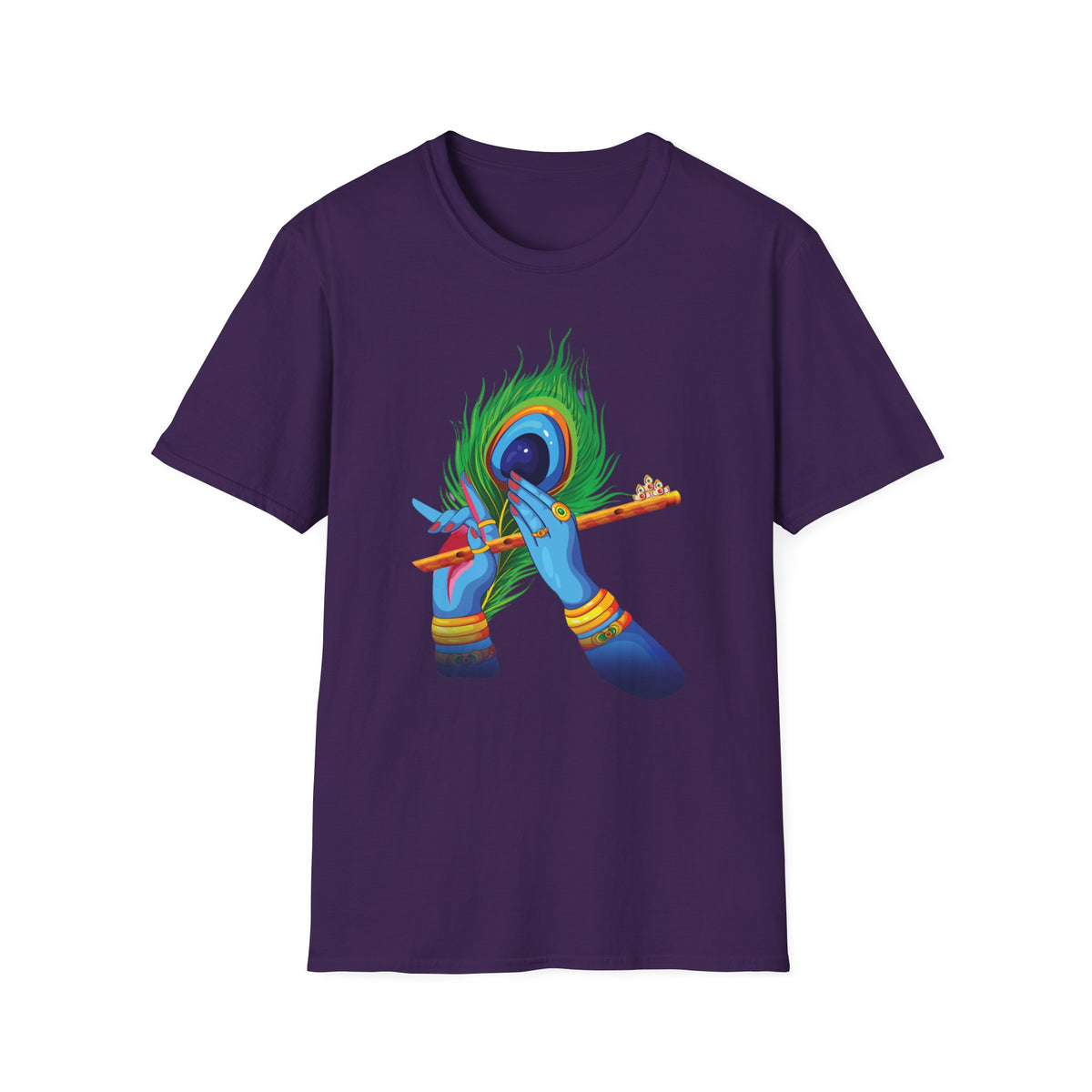 Krishan Hand with Flute and Feather Unisex Softstyle T-Shirt, Indian God Shirt, Spiritual Tee, Boho Clothing, Yoga Apparel - Ira World Art LLC