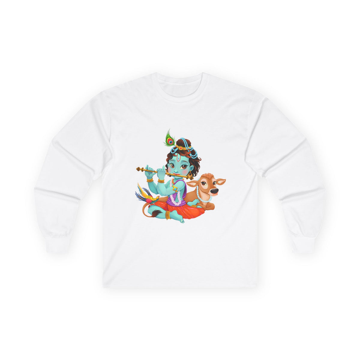 Krishna with Cow Full Sleeves Tshirt, Unisex Cotton Shirt, Long Sleeve Tee, Religious Gift, Hindu Deity Top, Cow Lover Apparel - Ira World Art LLC
