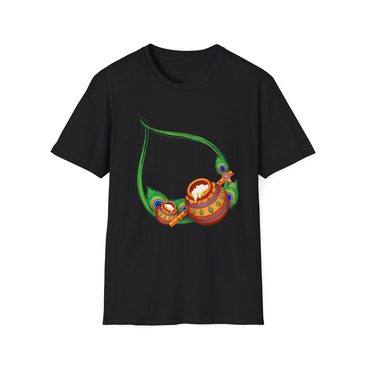 Krishna Flute and Pot Unisex Softstyle T-Shirt - Peacock Feather Design, Men's Women's Tee, Indian God Art Clothing, Yoga Apparel, Ethnic - Ira World Art LLC