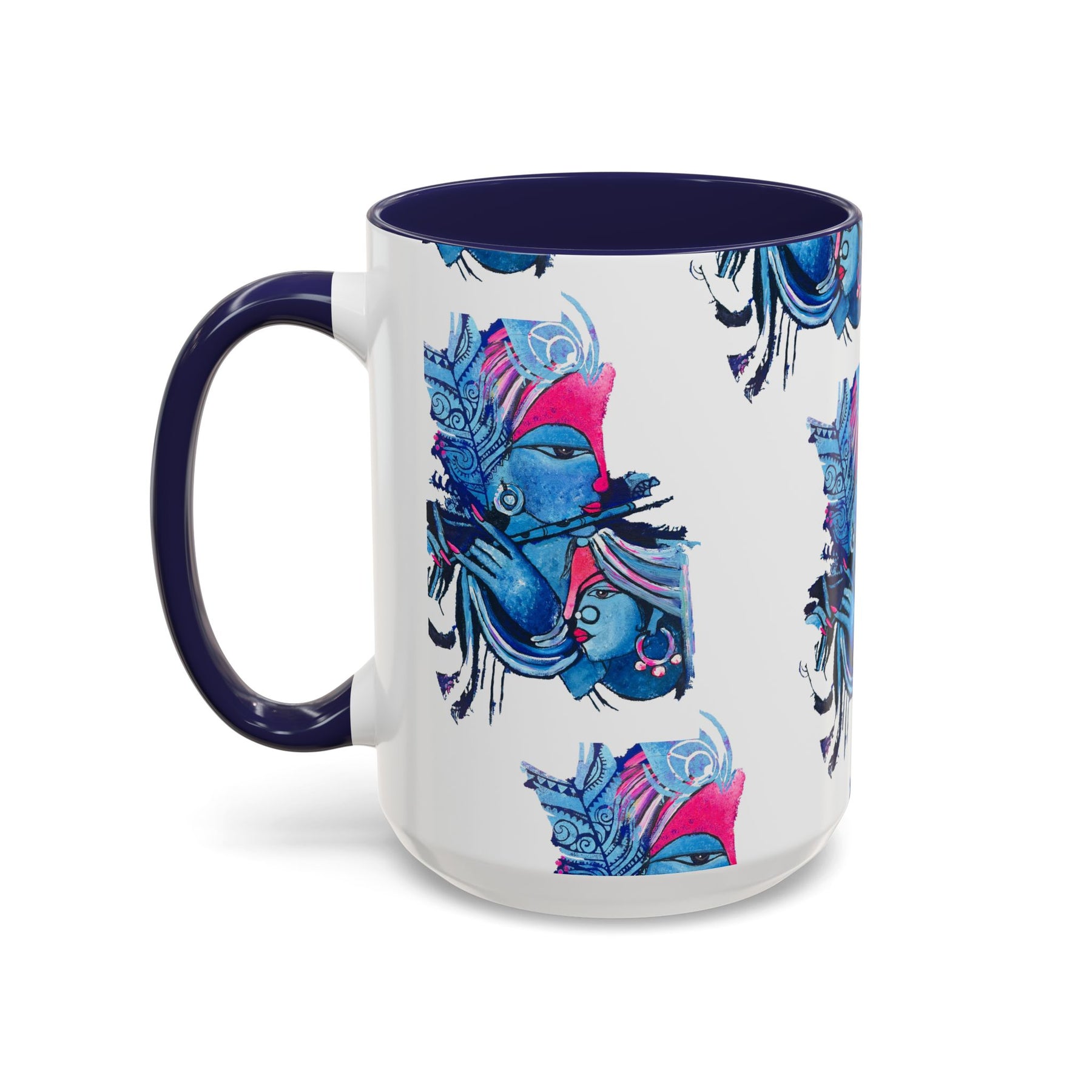 Vibrant Blue Ceramic Coffee Mug with Artistic Hindu Design, 11oz & 15oz - Ira World Art LLC