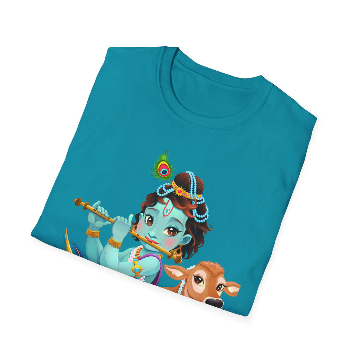 Krishna with Cow Unisex Softstyle T-Shirt, Hindu God Tee, Spiritual Apparel, Religious Graphic Shirt, Indian Mythology Top - Ira World Art LLC