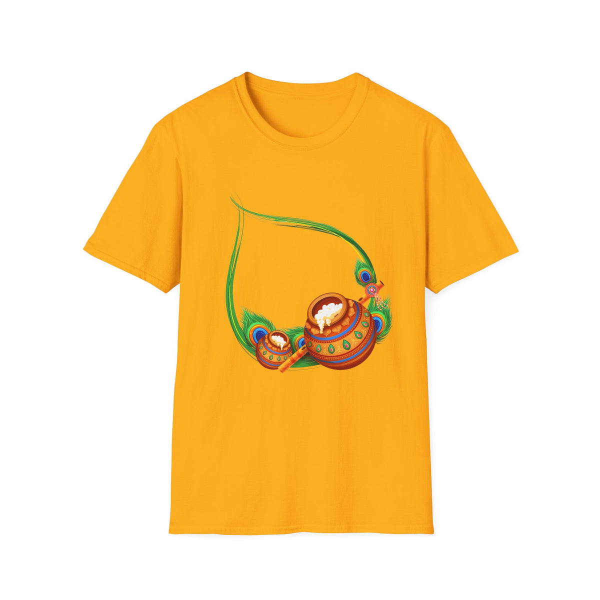 Krishna Flute and Pot Unisex Softstyle T-Shirt - Peacock Feather Design, Men's Women's Tee, Indian God Art Clothing, Yoga Apparel, Ethnic - Ira World Art LLC
