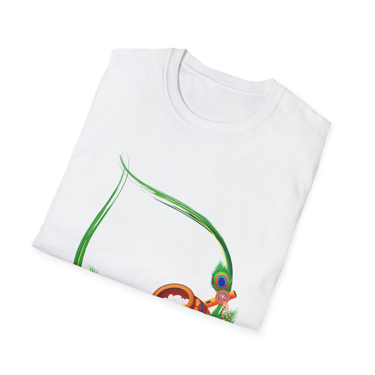 Krishna Flute and Pot Unisex Softstyle T-Shirt - Peacock Feather Design, Men's Women's Tee, Indian God Art Clothing, Yoga Apparel, Ethnic - Ira World Art LLC