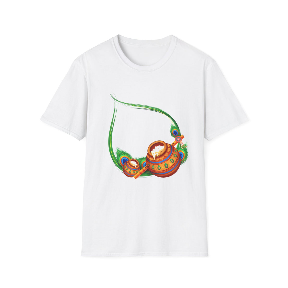 Krishna Flute and Pot Unisex Softstyle T-Shirt - Peacock Feather Design, Men's Women's Tee, Indian God Art Clothing, Yoga Apparel, Ethnic - Ira World Art LLC