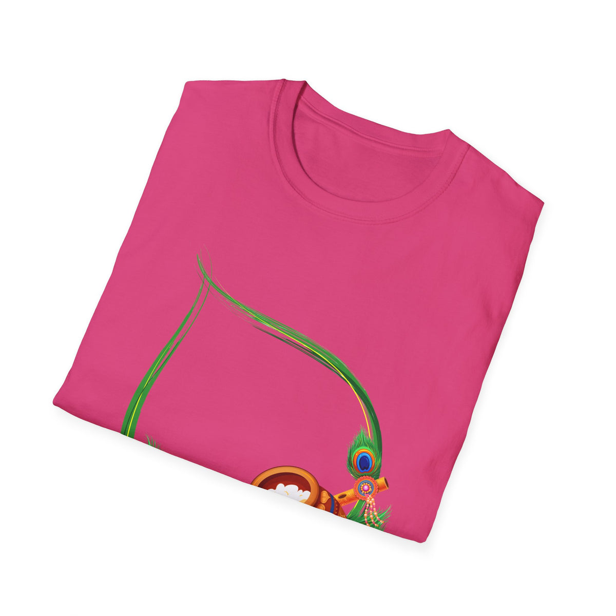 Krishna Flute and Pot Unisex Softstyle T-Shirt - Peacock Feather Design, Men's Women's Tee, Indian God Art Clothing, Yoga Apparel, Ethnic - Ira World Art LLC