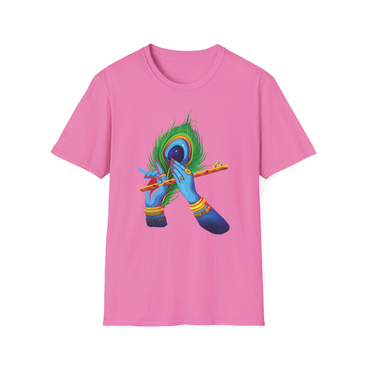 Krishan Hand with Flute and Feather Unisex Softstyle T-Shirt, Indian God Shirt, Spiritual Tee, Boho Clothing, Yoga Apparel - Ira World Art LLC