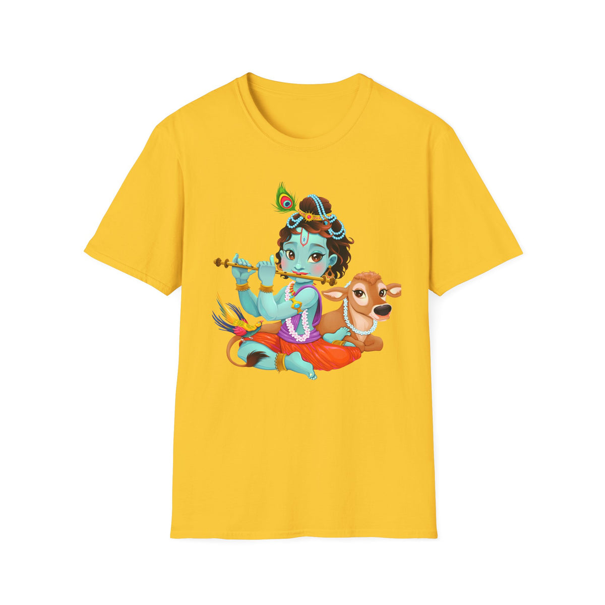 Krishna with Cow Unisex Softstyle T-Shirt, Hindu God Tee, Spiritual Apparel, Religious Graphic Shirt, Indian Mythology Top - Ira World Art LLC