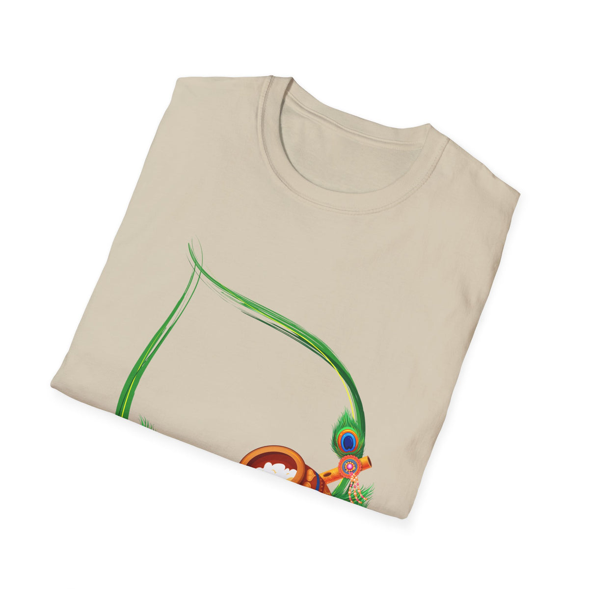 Krishna Flute and Pot Unisex Softstyle T-Shirt - Peacock Feather Design, Men's Women's Tee, Indian God Art Clothing, Yoga Apparel, Ethnic - Ira World Art LLC