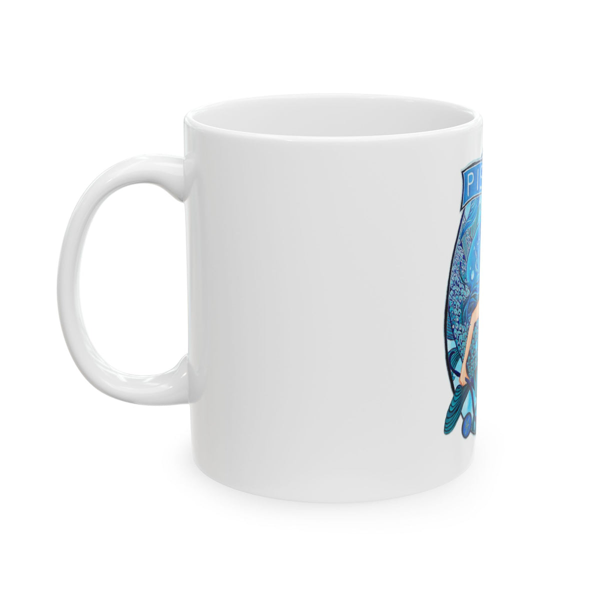 White 11oz Ceramic Zodiac Mug with Colorful Pisces Fish Design, Mermaid Coffee Mug - Ira World Art LLC