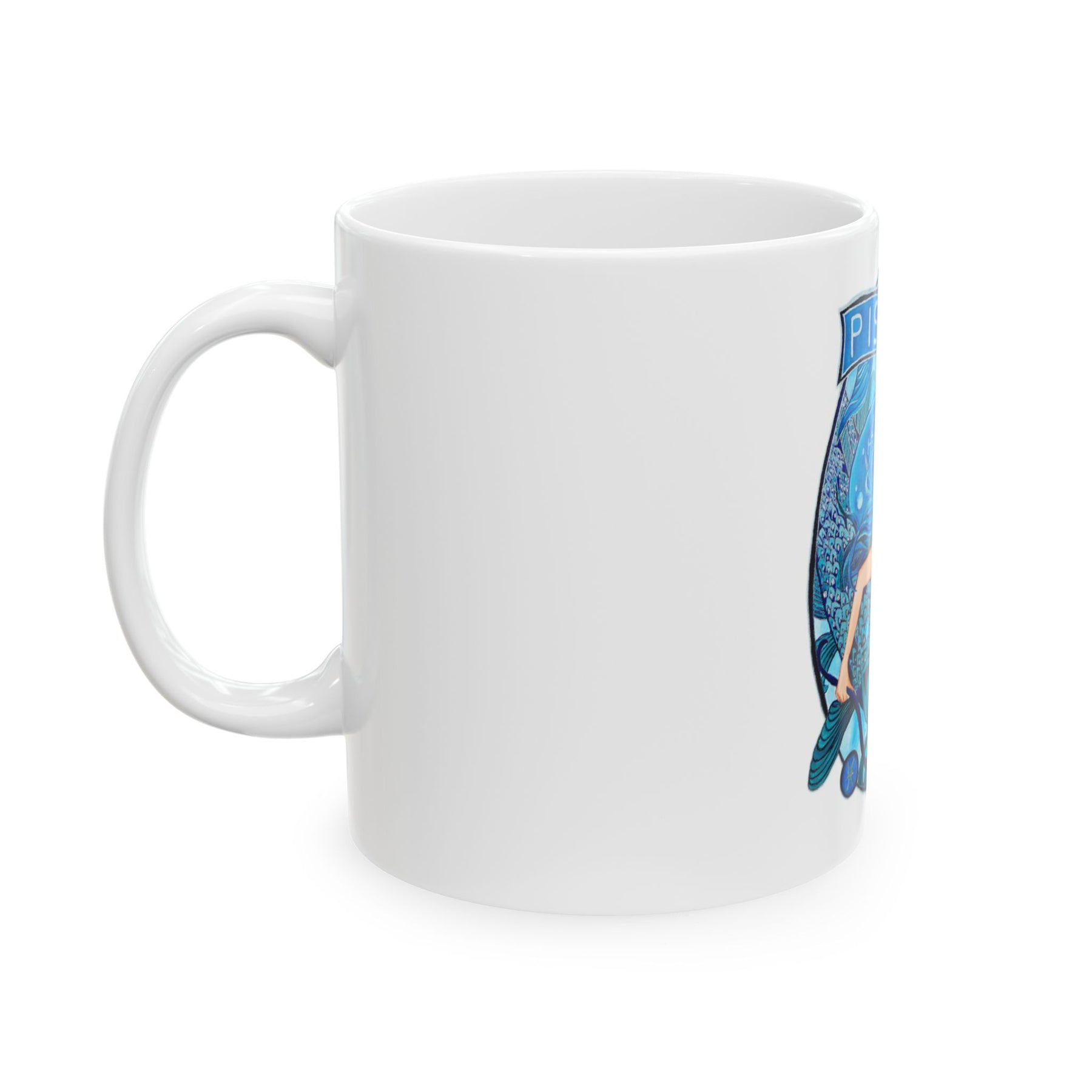 White 11oz Ceramic Zodiac Mug with Colorful Pisces Fish Design, Mermaid Coffee Mug - Ira World Art LLC