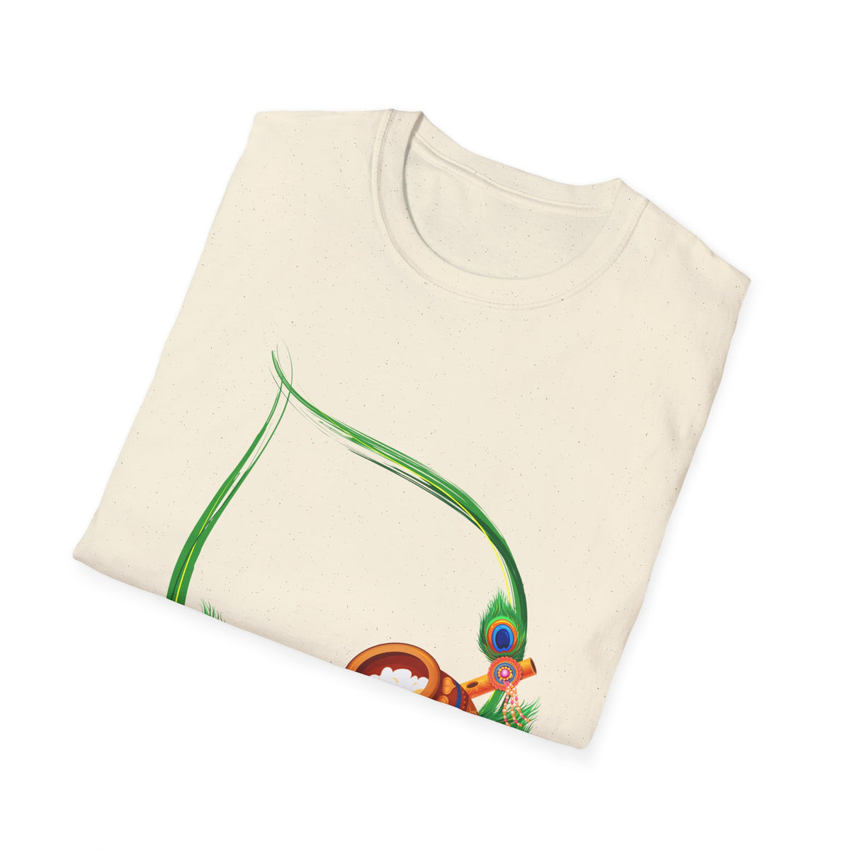 Krishna Flute and Pot Unisex Softstyle T-Shirt - Peacock Feather Design, Men's Women's Tee, Indian God Art Clothing, Yoga Apparel, Ethnic - Ira World Art LLC