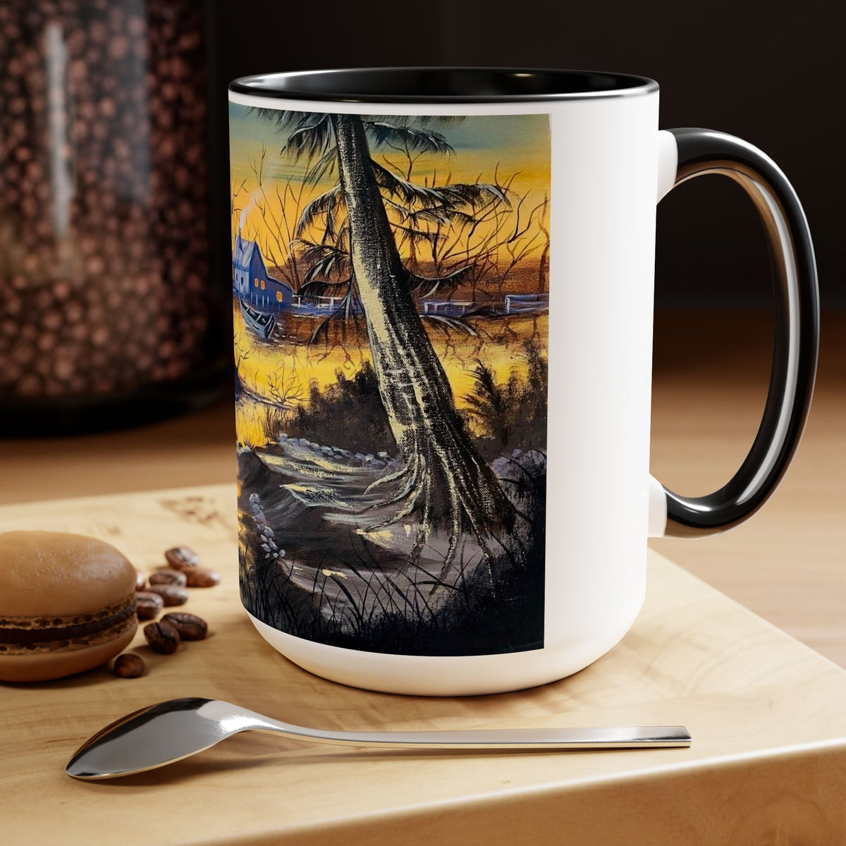 Unique 15oz Ceramic Coffee Mug with Two-Tone Colorful Design, Artistic Yoga Mug - Ira World Art LLC