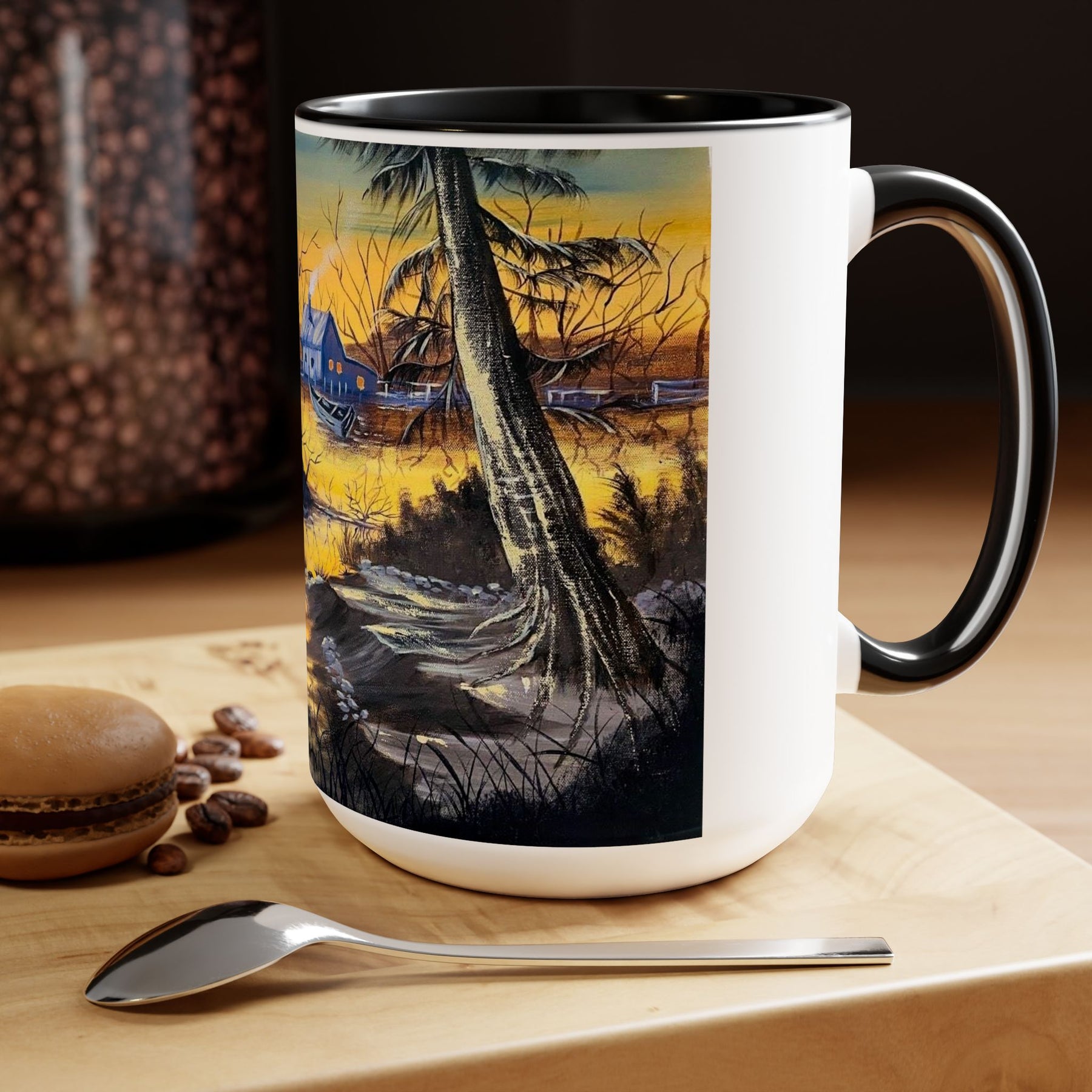 Unique 15oz Ceramic Coffee Mug with Two-Tone Colorful Design, Artistic Yoga Mug - Ira World Art LLC