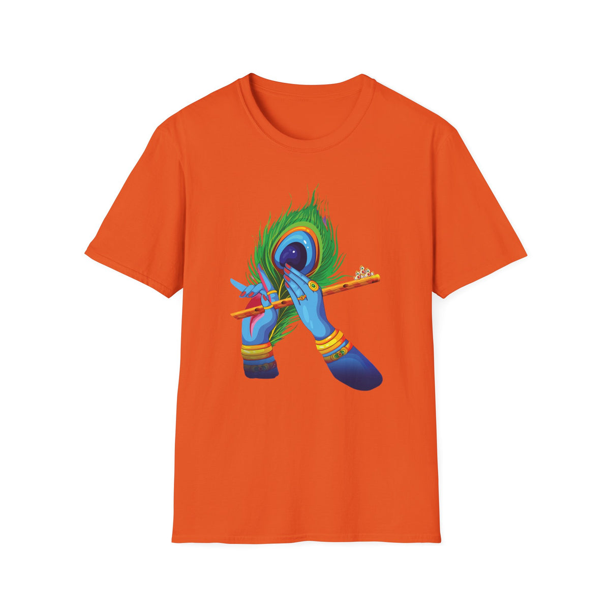 Krishan Hand with Flute and Feather Unisex Softstyle T-Shirt, Indian God Shirt, Spiritual Tee, Boho Clothing, Yoga Apparel - Ira World Art LLC