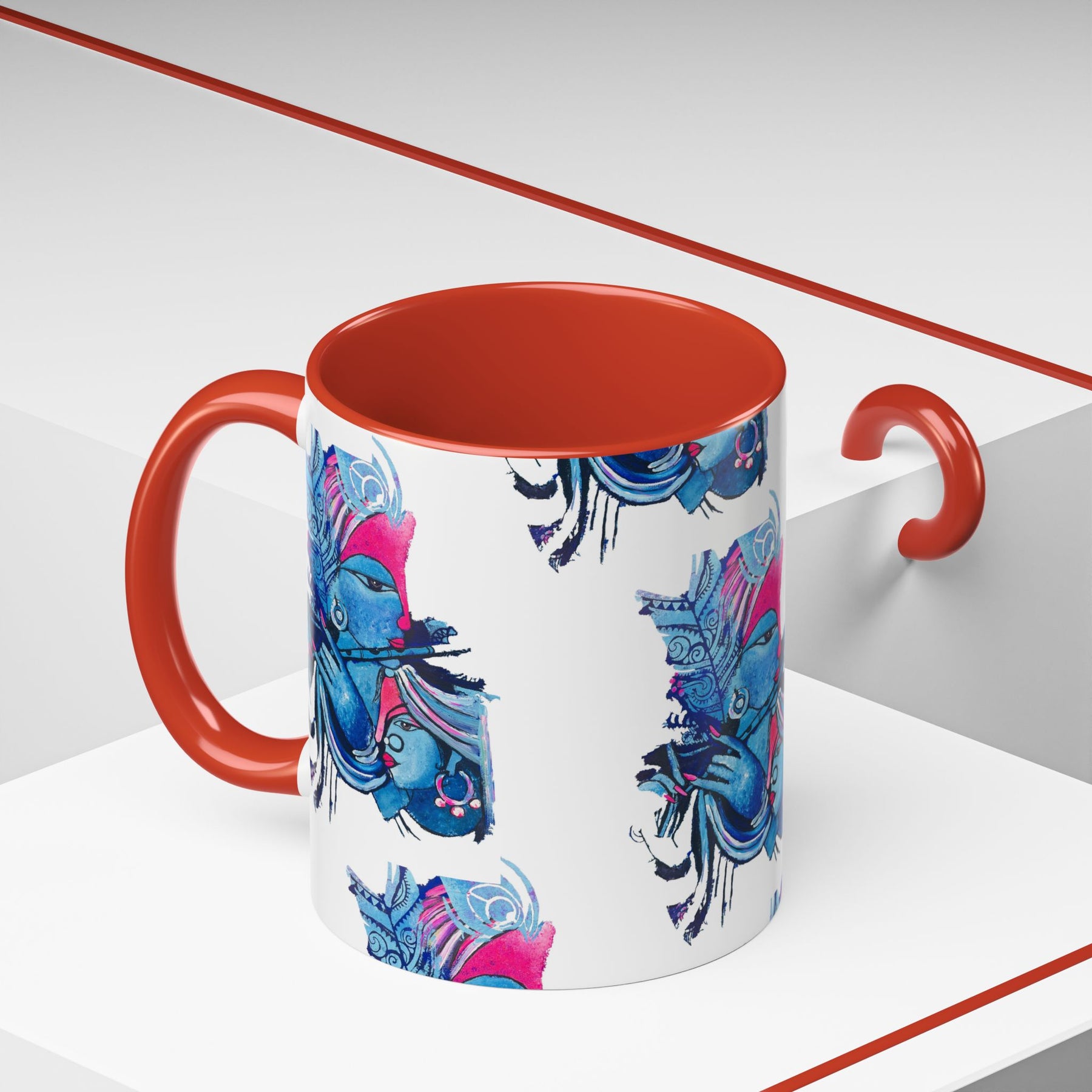 Vibrant Blue Ceramic Coffee Mug with Artistic Hindu Design, 11oz & 15oz - Ira World Art LLC