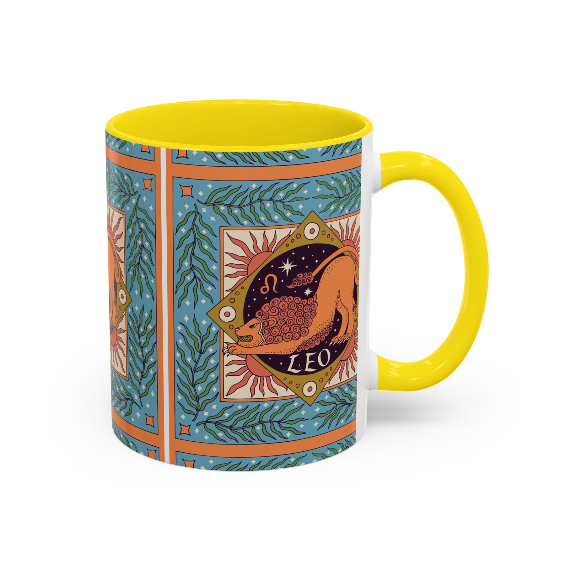 Vibrant Leo Zodiac Coffee Mug, Custom Ceramic 11oz & 15oz Colorful Design - Ira World Art LLC