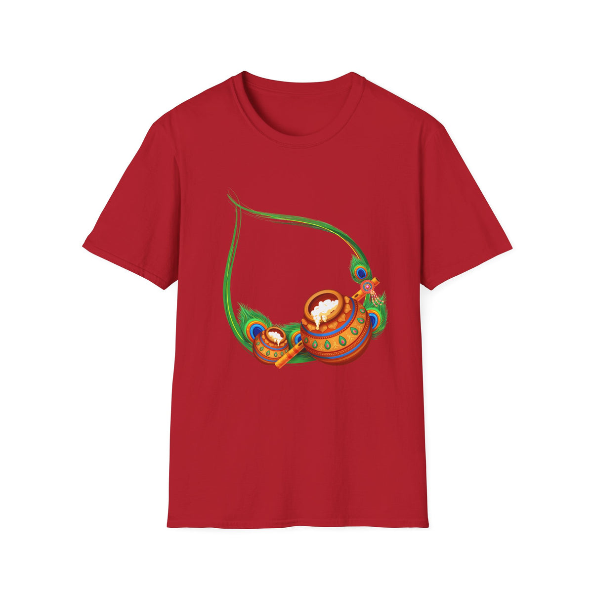 Krishna Flute and Pot Unisex Softstyle T-Shirt - Peacock Feather Design, Men's Women's Tee, Indian God Art Clothing, Yoga Apparel, Ethnic - Ira World Art LLC