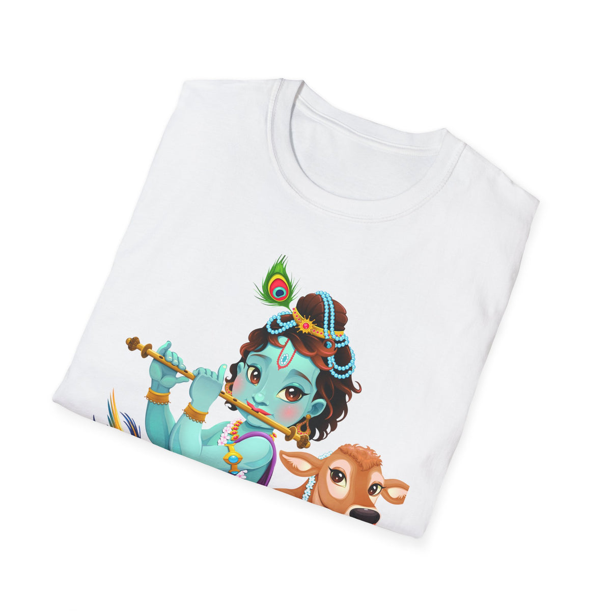 Krishna with Cow Unisex Softstyle T-Shirt, Hindu God Tee, Spiritual Apparel, Religious Graphic Shirt, Indian Mythology Top - Ira World Art LLC